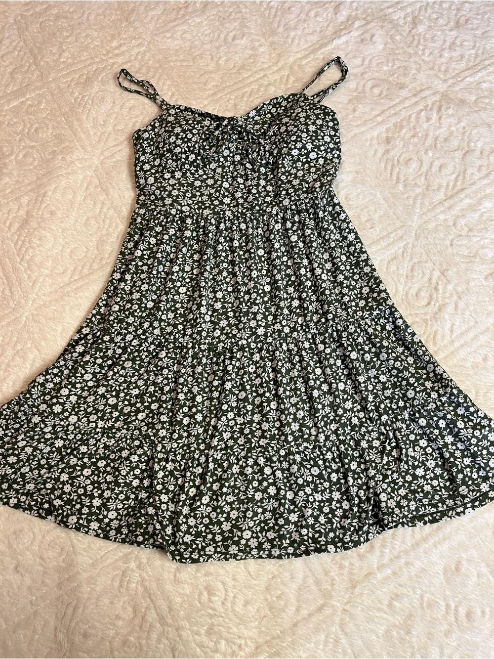 Olive Green & White Floral Spaghetti Strap Sundress